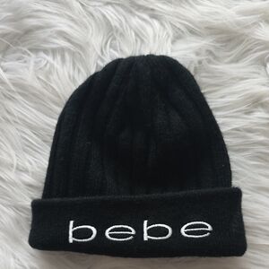 bebe Black Knit Beanie with White Logo
